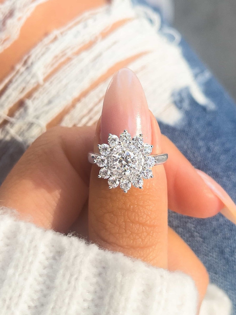 Floral Halo CZ Ring 925 Silver - Size 9.5